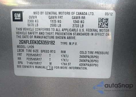 2012 Chevrolet Equinox 1Lt z USA, uszkodzony, nr VIN 2GNFLEEK0C6359182